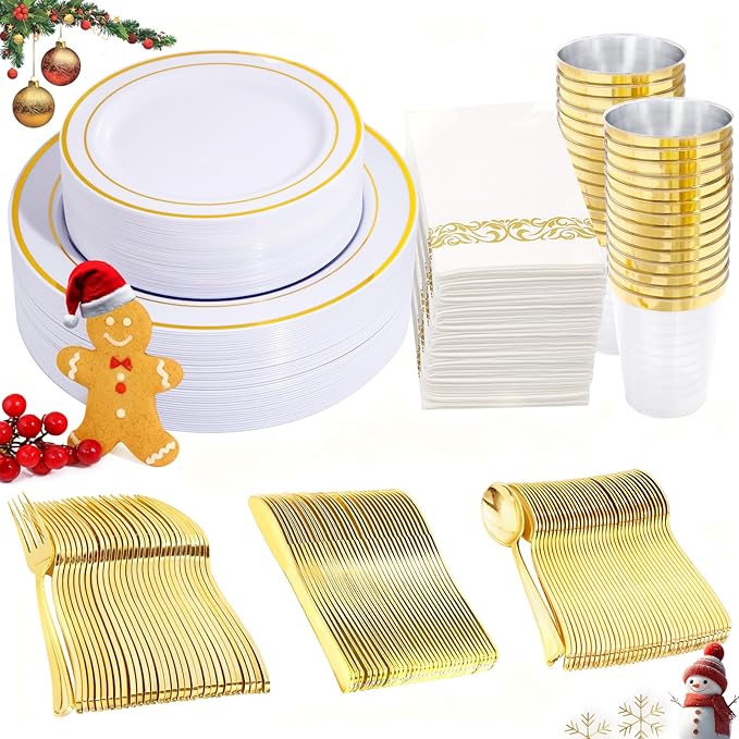 350 Pieces White and Gold Plastic Plates - 50 Guest Thanksgiving Dinnerware Set Include 100 Plates, 50 Plastic Silverware, 50 Napkins and 50 Cups for Thanksgiving
