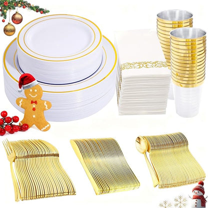 350 Pieces White and Gold Plastic Plates - 50 Guest Thanksgiving Dinnerware Set Include 100 Plates, 50 Plastic Silverware, 50 Napkins and 50 Cups for Thanksgiving