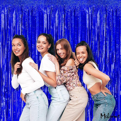 4 Pack Blue Fringe Curtain Backdrop, 3.2Ft x 8.2Ft Sparkle Metallic Tinsel Foil Fringe Streamers Background for Photo Booth Birthday Wedding Baby Shower Party Thanksgiving Christmas Decorations