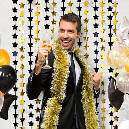 LOLStar Black and Gold Star Birthday Party Decorations 2Pack 3.3X6.6 ft Golden Photo Booth Props Backdrop Streamers Star Foil Fringe Curtains for New Year 2026 Decor Men Black Yellow Party Supplies