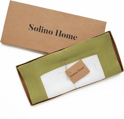 Solino Home Linen Table Runner 48 Inches - 100% Pure Linen Avocado and White Small Table Runner 14 x 48 Inch Ideal for Dresser and Coffee Tables - Fall, Autumn, Winter - Contempo