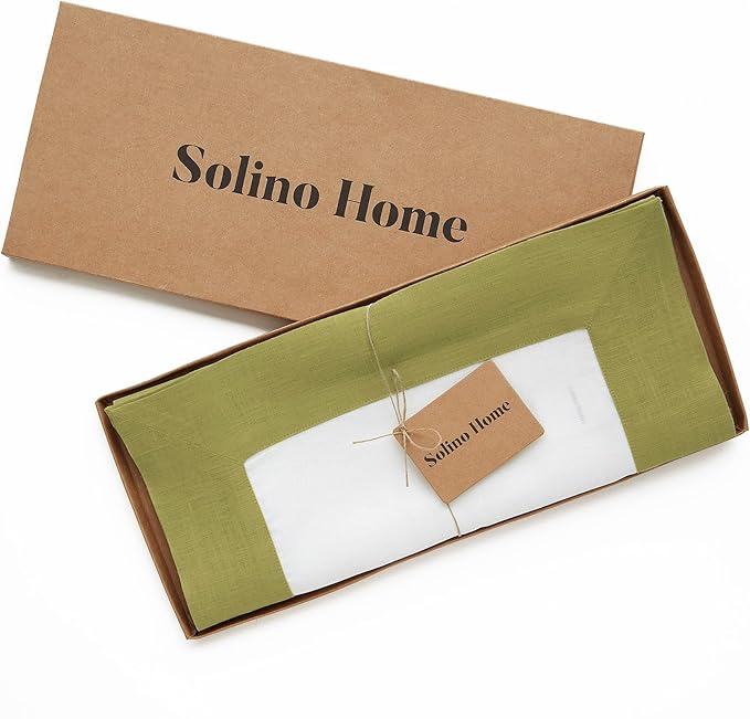 Solino Home Linen Table Runner 60 Inches - 100% Pure Linen Avocado and White Small Table Runner 14 x 60 Inch Ideal for Dresser and Coffee Tables - Fall, Autumn, Winter - Contempo