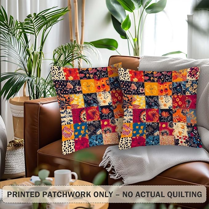 Printed Patchwork Inspired Throw Pillow Covers 18x18 Set of 2 | Floral Quilt Look Cushion Cases | Home Decorative Pillowcases for Couch, Sofa, Bed and Living Room
