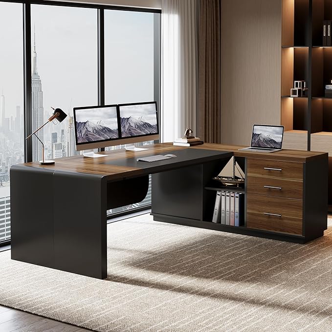 Tribesigns 80'' L-Shaped Desk Set of 4, Large Executive Office Desk with 55'' Drawers Cabinet, Modern Computer Table with Storage Shelves, Business Furniture for Office, Brown