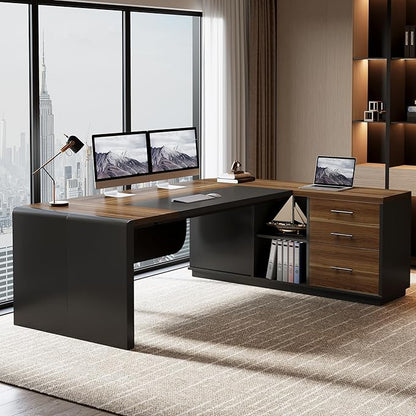 Tribesigns 80'' L-Shaped Desk Set of 6, Large Executive Office Desk with 55'' Drawers Cabinet, Modern Computer Table with Storage Shelves, Business Furniture for Office, Brown