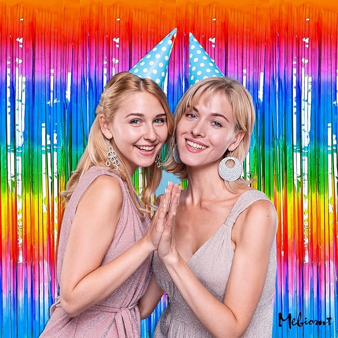 4 Pack Rainbow Fringe Curtain Backdrop, 3.2Ft x 8.2Ft Metallic Tinsel Foil Fringe Streamers Background for Photo Booth Birthday Wedding Baby Shower Party Thanksgiving Christmas Decorations New