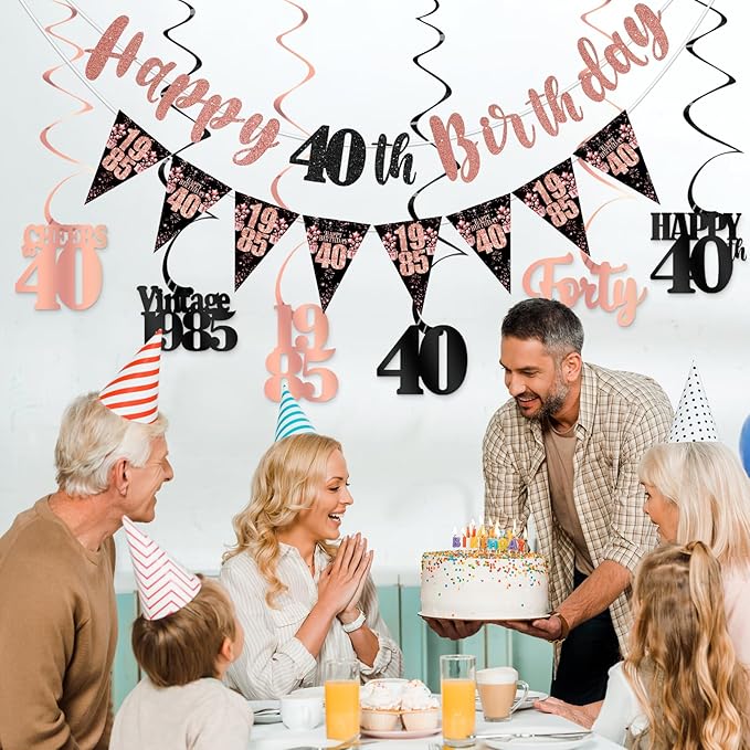 40th Birthday Decorations for Women, Black Rose Gold Happy 40th Birthday Banner Hanging Swirls Vintage 1985 Decorations Kit Cheers to 40 Party Supplies