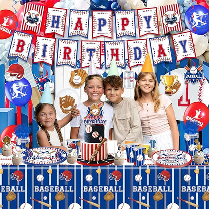 161PCS Baseball Birthday Party Decorations, Baseball Party Supplies Plates and Napkins Set, Tableware,Banner, Hanging Swirls, Tablecloth, Cake Cupcake Topper, Ballons
