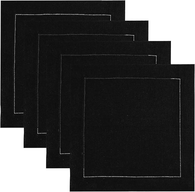 Solino Home Linen Square Placemats Set of 4-100% Pure Linen Black Cloth Placemats 14 x 14 Inch - Classic Hemstitch, Machine Washable Place Mats for Fall, Autumn, Winter, Christmas, New Year