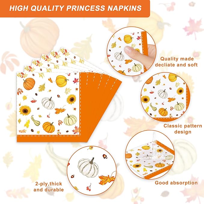123PCS Autumn Party Supplies for Thanksgiving Themed Fall Pumpkin Decoration Tableware Set with Tablecloth and Banner Leaves Harvest Dessert Plates Napkins Cups Hanging Swirl Set for 20 Guests