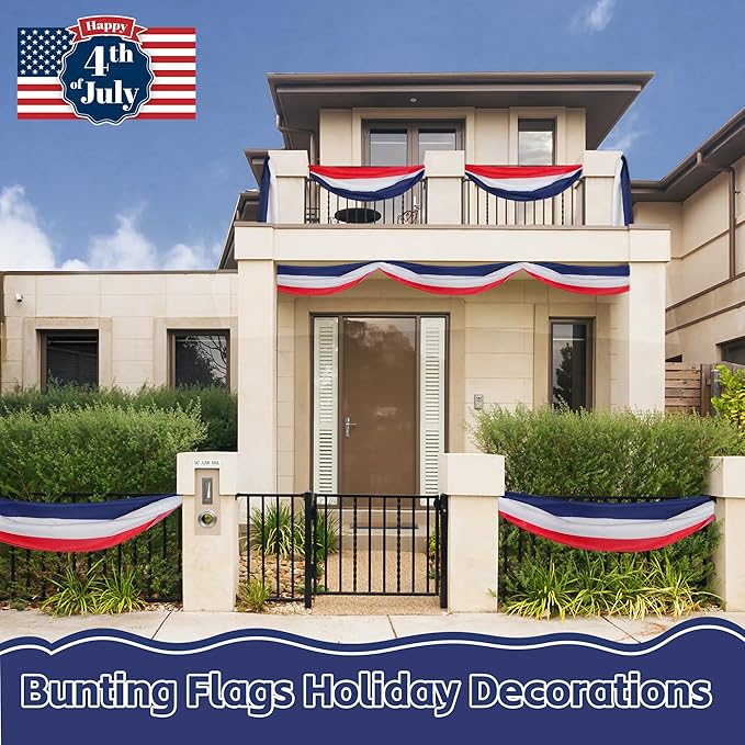 HOOSUN Patriotic Decorations Outdoor,2x20 Ft Patriotic Bunting American Flags for Outside,Red White and Blue Banner for Porch Fence,USA Flag Bunting Red White and Blue Decorations