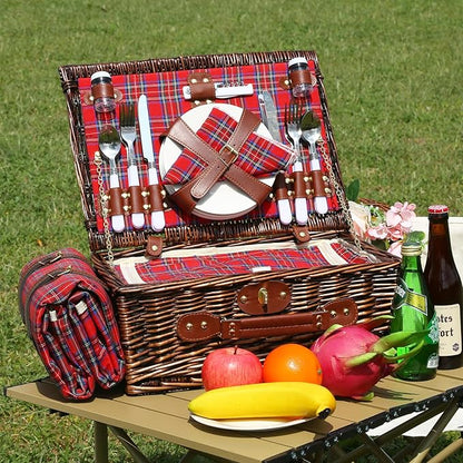 Neti Neti Wicker Picnic Basket for 4 with Insulated Cooler & Waterproof Blanket – Large Willow Picnic Hamper for Outdoor, Camping, Beach, Romantic Dates, Valentine’s Day