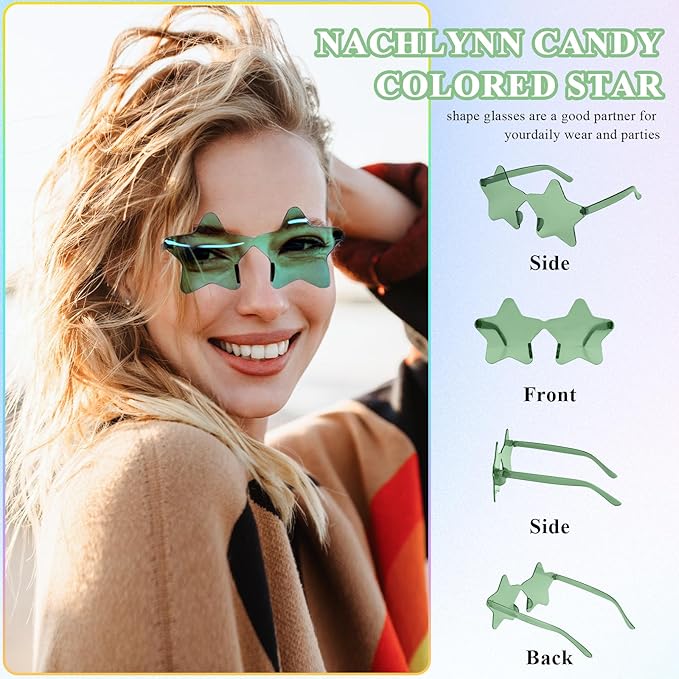 NACHLYNN 12 Pcs Rimless Star Shaped Sunglasses Green Transparent Sunglasses Pentagram Glasses for St. Patrick Day Christmas