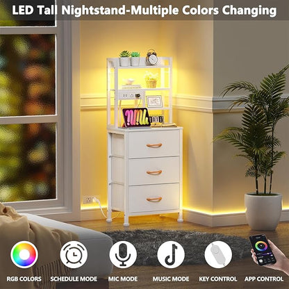 Furnulem Tall Nightstand with LED Lights and 3 Tier Shelves, Night Stand with 3 Fabric Drawers, 45.3inch Tall Bedside Tables with USB Ports and Outlets in Bedroom, Dorm, Office (White)
