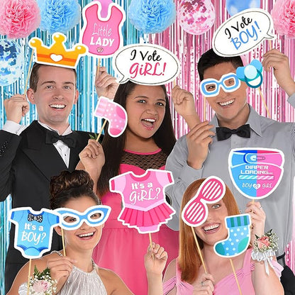 124 Pcs Gender Reveal Decorations Kit, Party Supplies With 36'' Balloon, Boy OR Girl Foil Balloon, Paper Pompoms, Tablecloth, Photo Props