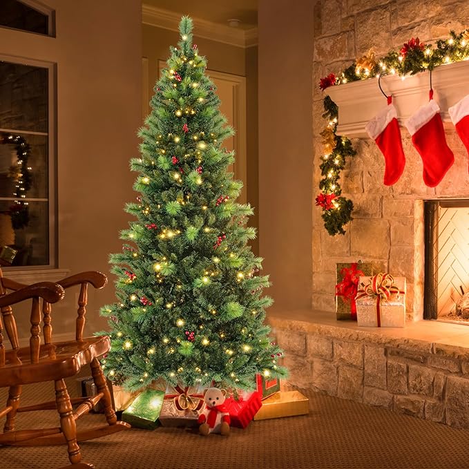 GOFLAME 7FT Pre-Lit Christmas Tree, Hinged Artificial Xmas Tree with Pine Needles, 974 Branch Tips, 36 Clusters of Red Berries, 400 LED Lights, 9 Lighting Modes, 4 Brightness, Remote Control & Timer