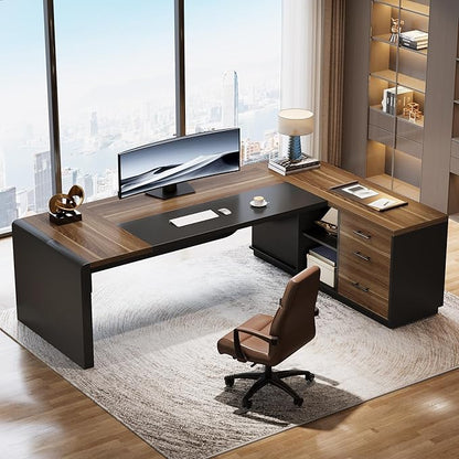 Tribesigns 80'' L-Shaped Desk Set of 6, Large Executive Office Desk with 55'' Drawers Cabinet, Modern Computer Table with Storage Shelves, Business Furniture for Office, Brown