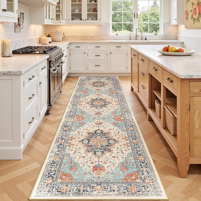 Area Rugs 2'x7' Runner Rug Non Slip Washable for Kitchen Hallway Bedroom Beside Laundry Room Bathroom Rug, Floor Carpet, Beige Navy Blue Orange Colorful