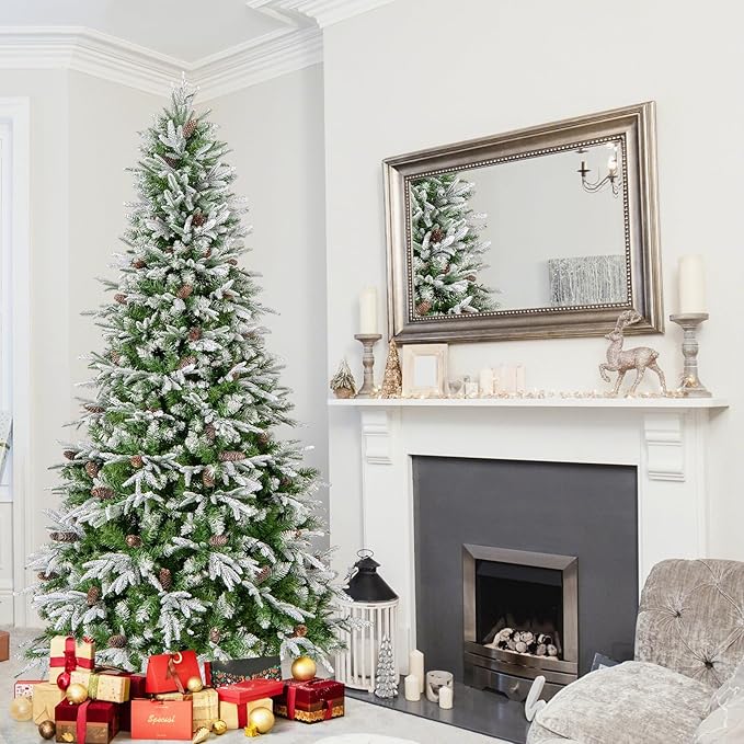 GOFLAME 7.5FT Pre-Lit Artificial Christmas Tree, Snow Flocked Xmas Tree with 1135 Branch Tips, 470 Warm White LED Lights, 81 Pine Cones, Holiday Decoration Tree for Home Office Party