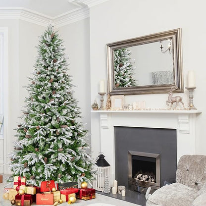 GOFLAME 7.5FT Pre-Lit Artificial Christmas Tree, Snow Flocked Xmas Tree with 1135 Branch Tips, 470 Warm White LED Lights, 81 Pine Cones, Holiday Decoration Tree for Home Office Party