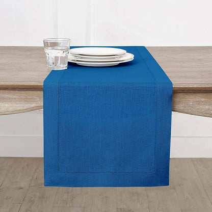 Solino Home Linen Table Runner 36 Inches - 100% Pure Linen Indigo Blue Hemstitch Table Runner 14 x 36 Inch Ideal for Dresser and Coffee Tables - Christmas, Holiday, New Year - Classic Hemstitch