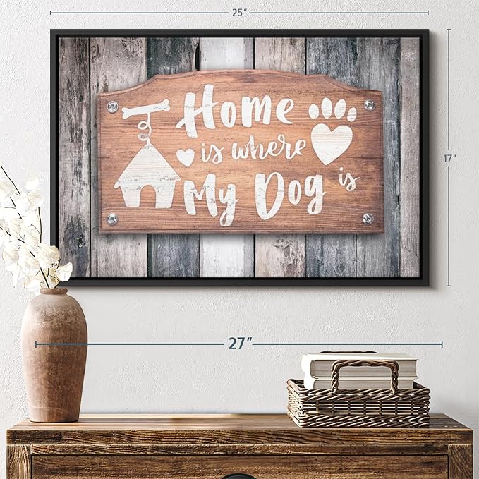 Elephant Stock Home Is Where My Dog Is Wall Art - Horizontal Floating Framed Canvas - 1-Piece Living Room Wall Decor - Pet Digital Art Canvas Print - Gray and Beige Decor for Wall - 25" X 17"