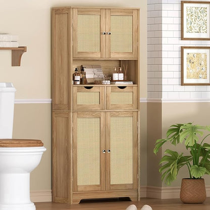 Iwell Tall Storage Cabinet with 2 Drawers & Adjustable Shelves, Rattan Cabinet, Kitchen Storage Cabinet, Pantry Cabinet with 4 Doors, Tall Cabinet for Living Room, Kitchen, Home Office, Natural