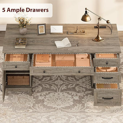 GarveeHome Farmhouse Executive Desk with File Drawers, 60 in Home Office Desk with Charging Station, Wooden Computer Desk with Cabinet Storage for Work Study Writing, Rustic Gray