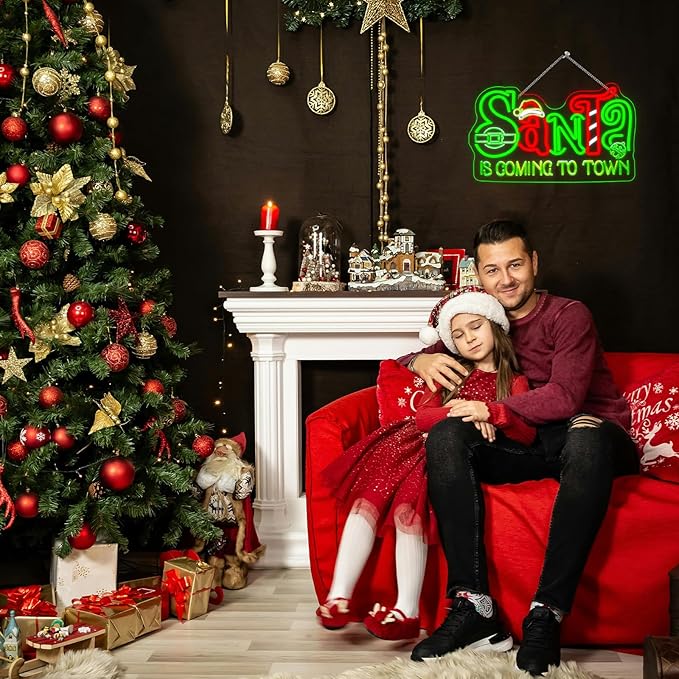 Horseneon Christmas Neon Sign Christmas Light Santa is Coming to Town Neon Sign Bright LED Wall Decoration for Home Shop Bar Santa Claus Neon Signs
