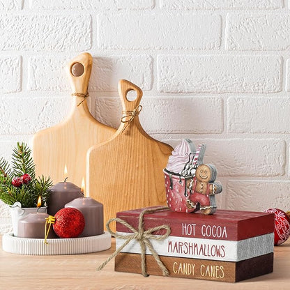 Smile Christmas Wooden Books Stack, Hot Cocoa Marshmallows Candy Canes Faux Books Bundle, Cute Gingerbread Man Cupcake Tiered Tray Decorations, for Home Table Mantle Shelf.