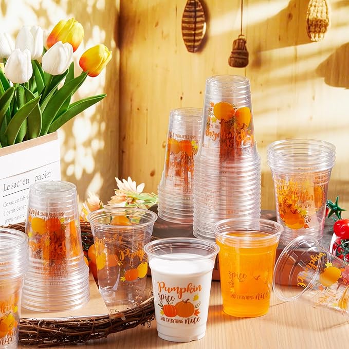 Meanplan 50 Pcs 12oz Fall Baby Shower Party Plastic Cups A Little Pumpkin is On The Way Disposable Clear Cups for Thanksgiving Autumn Baby Shower Gender Reveal Supplies Decorations(Orange)