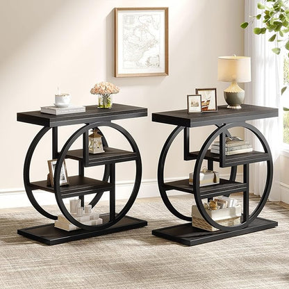 Tribesigns End Table Set of 2, 4-Tier Narrow Side Table with Storage Shelves, Wood Small Sofa Side Table with Geometric Metal Frame, Modern Bedside Table for Bedroom, Living Room, Black