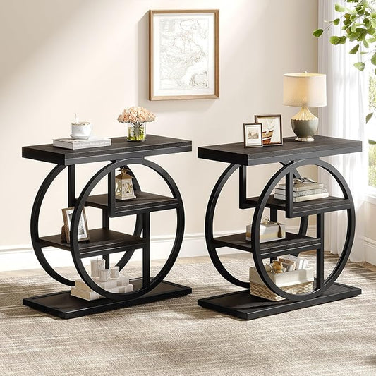 Tribesigns End Table Set of 2, 4-Tier Narrow Side Table with Storage Shelves, Wood Small Sofa Side Table with Geometric Metal Frame, Modern Bedside Table for Bedroom, Living Room, Black