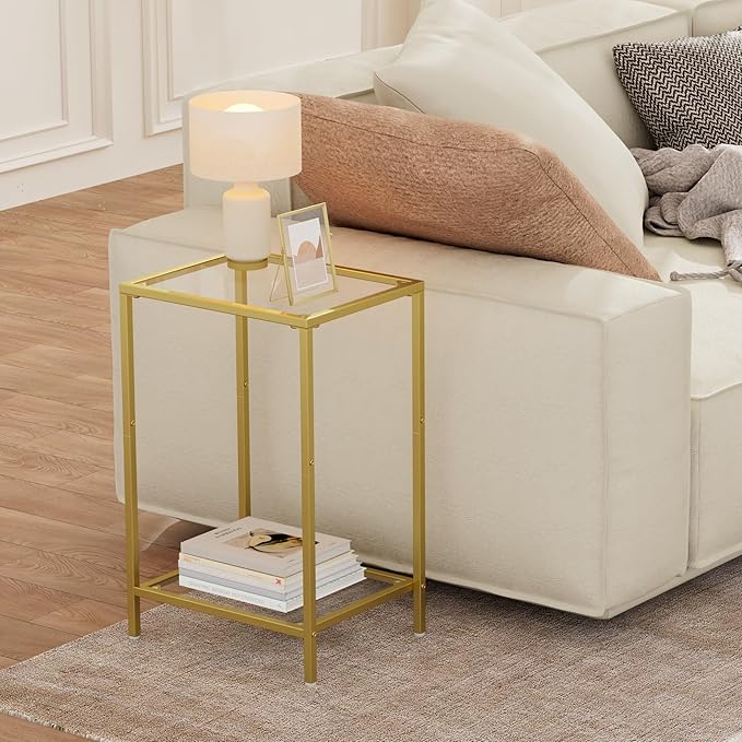Side Tables Set of 2, End Tables with Tempered Glass, 2-Tier Nightstands with Storage Shelves, Coffee Table with Modern Style, Slim Sofa Table for Living Room, Bedroom, 11.8" D x 15" W, Gold