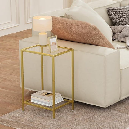 Side Tables Set of 2, End Tables with Tempered Glass, 2-Tier Nightstands with Storage Shelves, Coffee Table with Modern Style, Slim Sofa Table for Living Room, Bedroom, 11.8" D x 15" W, Gold