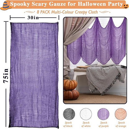 Halatool 8 Pack Halloween Creepy Cloth - 30 x 75 Inch Creepy and Spooky Halloween Decorations for Party Supplies Outdoor Yard Home Wall Decor（2 Black, 2 White, 2 Purple, 2 Orange）