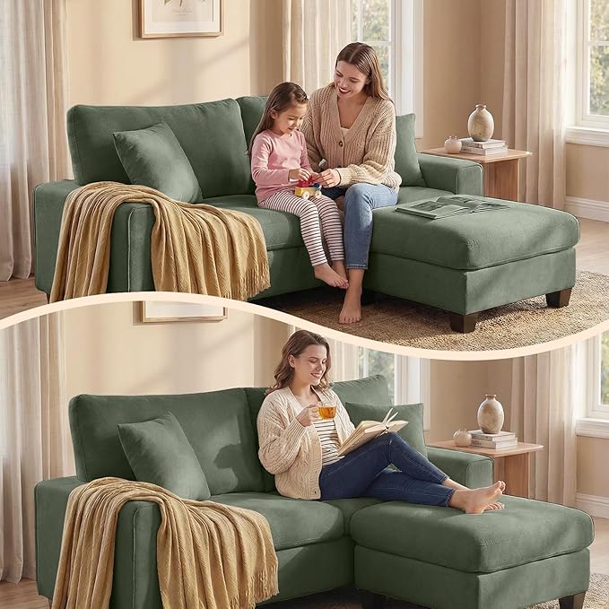 DOPEDIO L-Shaped Sectional Sofa with Storage Ottoman, Modern Chenille Recliner Loveseat, Removable Couch Covers, Pocket Spring Cushions, Solid Wood Frame, Easy to Install (71.25inch, Green)