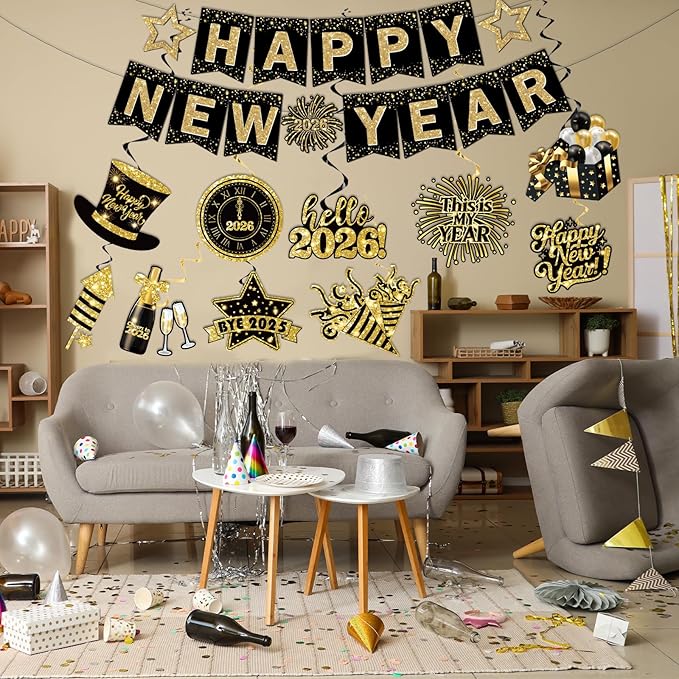 2026 New Years Decorations, Nye Year Party Decorations includes Happy New Year Banner and Hanging Swirl, NYE Party Supplies 2026 for News Years Eve Party Decor Indoor Outdoor Classroom Office