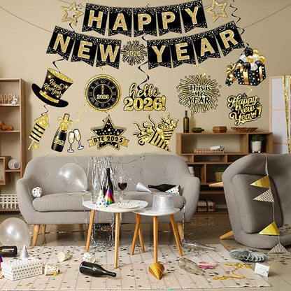 2026 New Years Decorations, Nye Year Party Decorations includes Happy New Year Banner and Hanging Swirl, NYE Party Supplies 2026 for News Years Eve Party Decor Indoor Outdoor Classroom Office