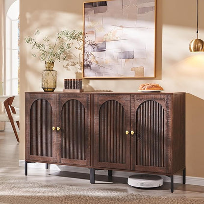 Modern Buffet Cabinet with Storage, 61.75" W Fluted Arched Sideboard Cabinet w/Adjustable Shelves, Wooden Modular Coffee Bar for Dining Room, Kitchen, Living Room, Entryway, Brown