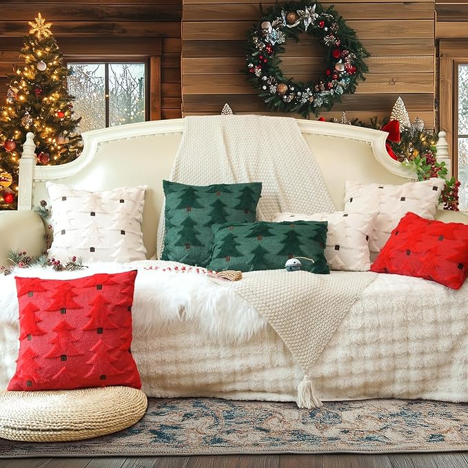 GEEORY Christmas Pillow Covers 20x20 Inch Set of 2, Christmas Decorations Xmas Tree Soft Plush Fluffy Faux Fur Decorative Throw Pillows Farmhouse Winter Cushion Case Green Brown GC033-20