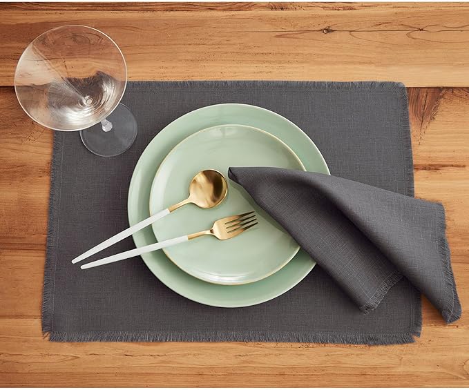 Solino Home Linen Fringe Cloth Placemats Set of 4-100% Pure Linen Charcoal Placemats 14 x 19 Inch for Fall, Autumn, Winter, Christmas, Holiday, New Year - Handcrafted and Machine Washable