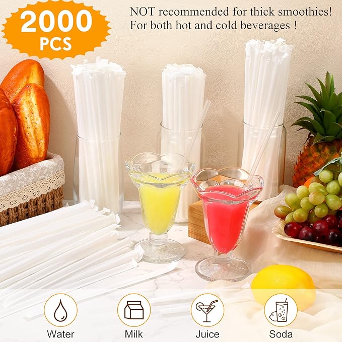 Hoolerry 2000 Pcs Plastic Straws Disposable Individually Wrapped Drinking Straight Long Straws, 0.24" Wide, for Hot and Cold Beverages (8 Inch)