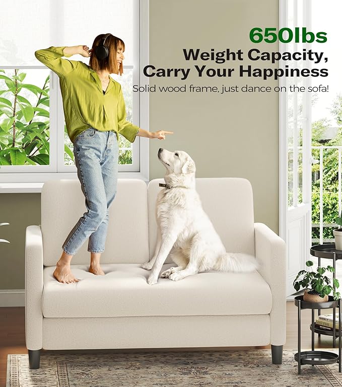 Loveseat Sofa, 51" Love Seat, Comfy Teddy Small Loveseat for Small Spaces, Tool-Free Setup Sofa Couch for Bedroom, All-Wood Couches for Living Room, No Pillow Included, Beige