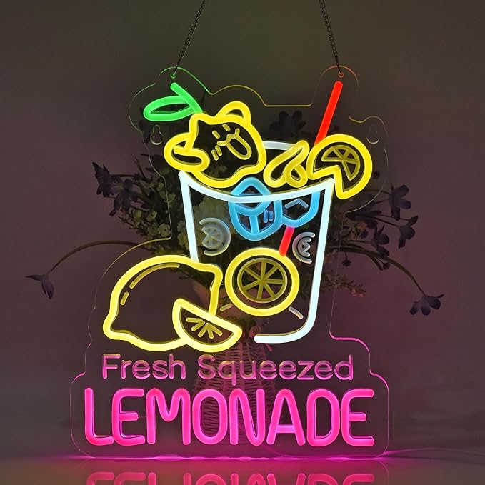 Lemonade Neon Sign, Neon Lights Hanging Wall Art Decoration for Restaturant Shop Food Truck Market Bakeries Café Celebration Home Decor, USB Powered Ultra Bright Dimmable,15.75 * 12.6inches