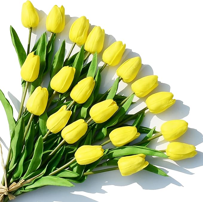 ONLY ART Artificial Yellow Tulips 20 Pcs – 13.5 Inch PU Faux Flowers with Bendable Stems for Home Décor, Wedding Centerpieces, DIY Floral Arrangements, Table Decorations