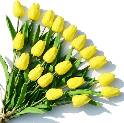 ONLY ART Artificial Yellow Tulips 20 Pcs – 13.5 Inch PU Faux Flowers with Bendable Stems for Home Décor, Wedding Centerpieces, DIY Floral Arrangements, Table Decorations