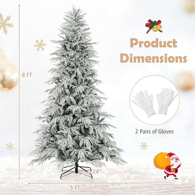 GOFLAME 8FT Pre-lit Artificial Christmas Tree, Snow Flocked Hinged Xmas Tree with 450 Warm White LED Lights, 1108 Branch Tips and Folding Metal Stand, Holiday Decoration Tree for Home Party