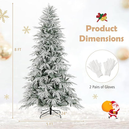 GOFLAME 8FT Pre-lit Artificial Christmas Tree, Snow Flocked Hinged Xmas Tree with 450 Warm White LED Lights, 1108 Branch Tips and Folding Metal Stand, Holiday Decoration Tree for Home Party