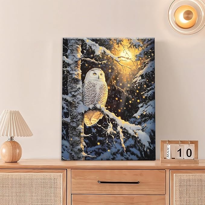 Owl Wall Art, Winter Snow Owl Pictures Wall Decor, Forest Animal Canvas Prints Painting, Framed Artwork for Bathroom Living Room Bedroom Office Dining Room 24"X20"